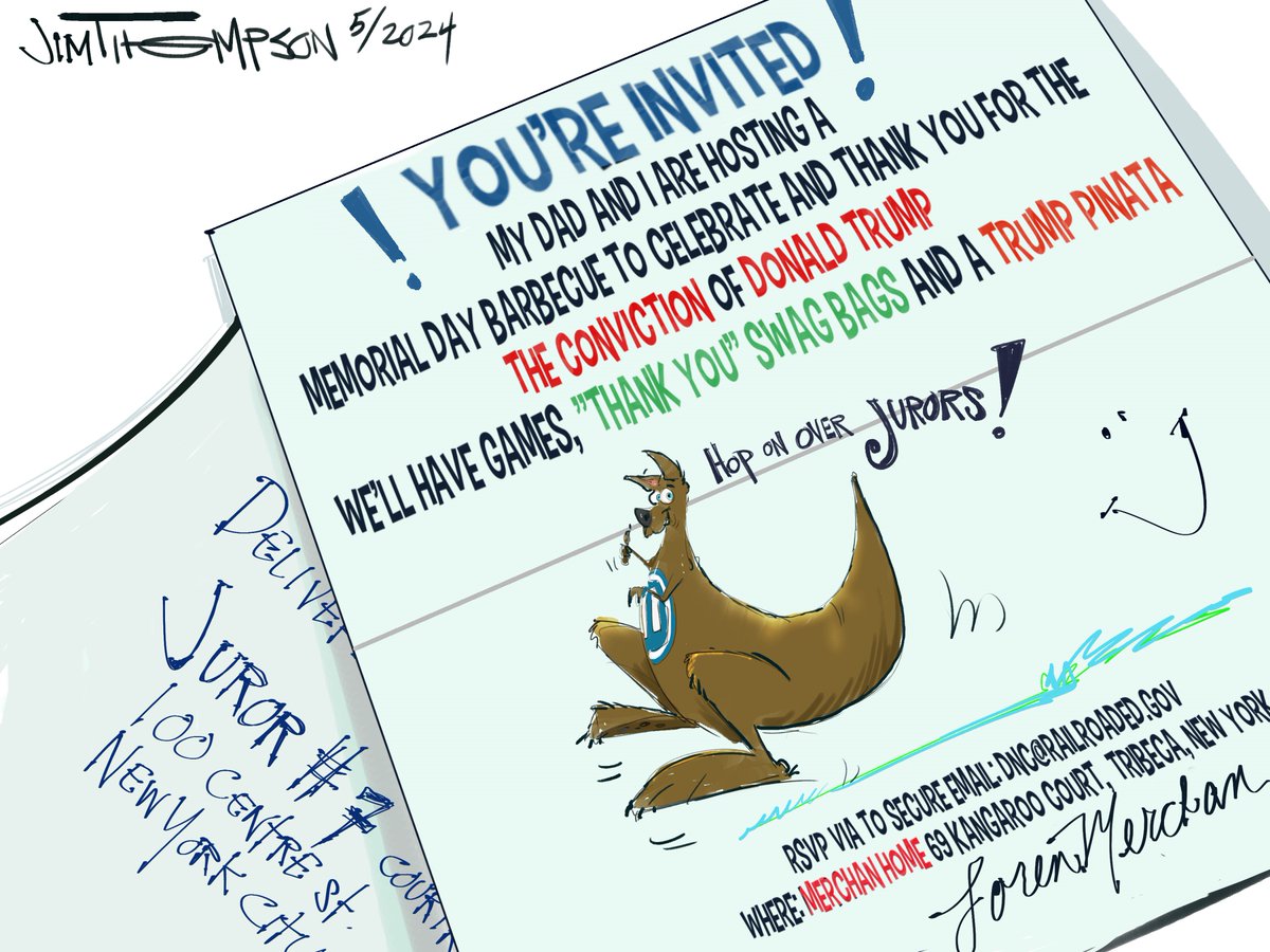 The Invitations are out! @trump Jurors are invited to @merchan's house for Memorial Day! @trumptrial My latest on New York's Kangaroo Court. jesterpolitics.com/2024/05/21/kan… @JesterPolitics @scs_real @yovic7 @BuzzPatterson