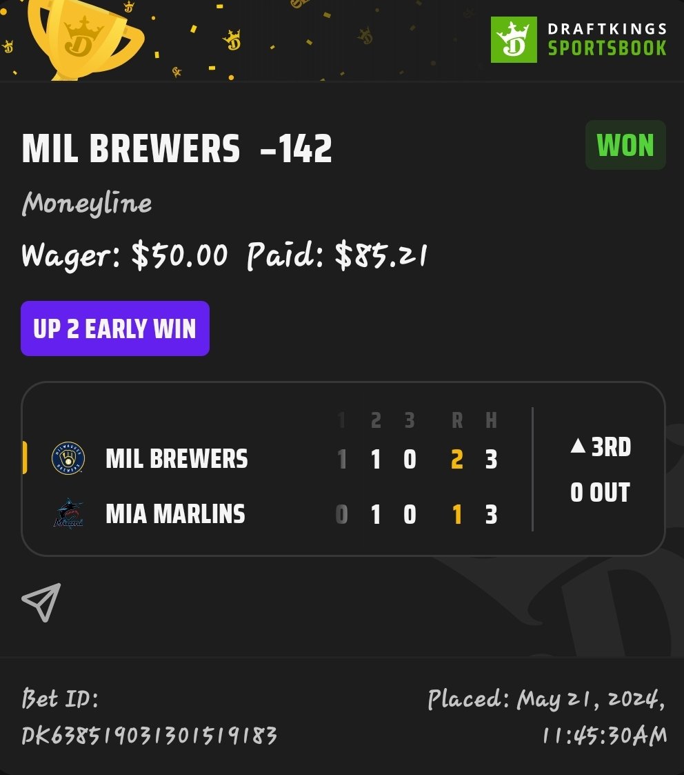 LogicalDFS's tweet photo. 💥 Brewers are in. ✅️
Top of the 2nd inning.
Back in the win column
I've hit this prop 31 of 36 consecutive days now.
#up2early @NorthForker12 @MathWinsBets @BetSharpMoney https://t.co/REJlJ0Gl7O