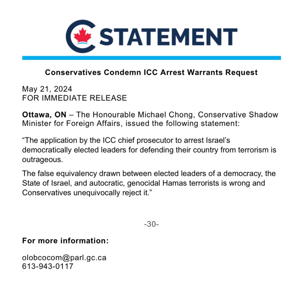 My statement on the application by the chief prosecutor of the International Criminal Court (ICC) to seek arrest warrants for Israel’s prime minister and defence minister. #cdnpoli