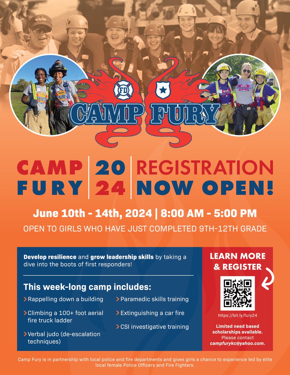 Spread the word! Registration is open for Camp Fury! This camp gives girls the chance to experience life as a first responder in partnership with local fire and police departments. It's open to girls who have just completed 9th-12th grade.