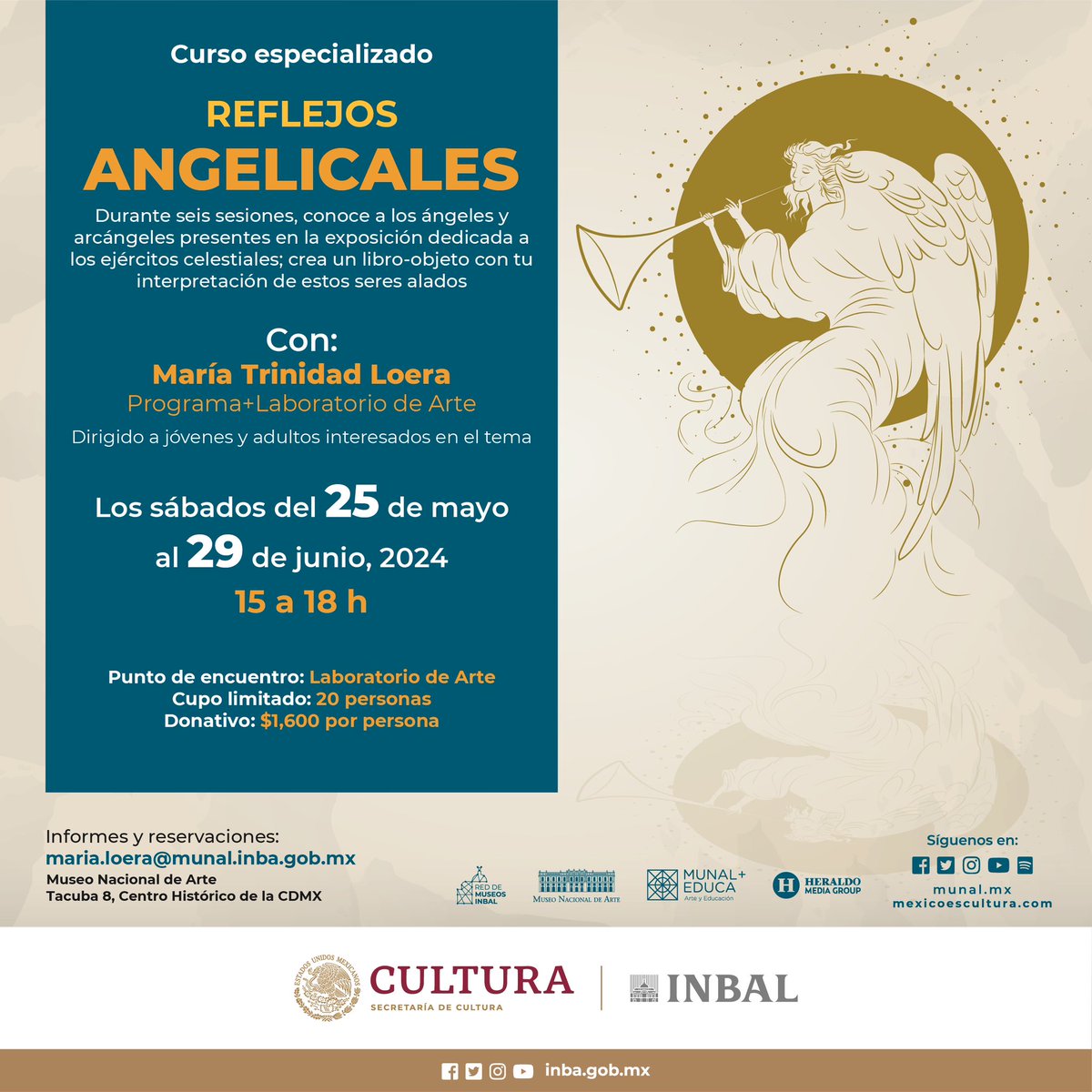 ¡Esta semana comenzamos con el curso-taller «Reflejos angelicales»! 📚🪽 Participa y crea un libro-objeto con diversas técnicas y descubre los símbolos detrás de las obras de la muestra «Ángeles. Las huestes celestiales en la Tierra». 🗓️ Sábados, del 25 de mayo al 29 de junio