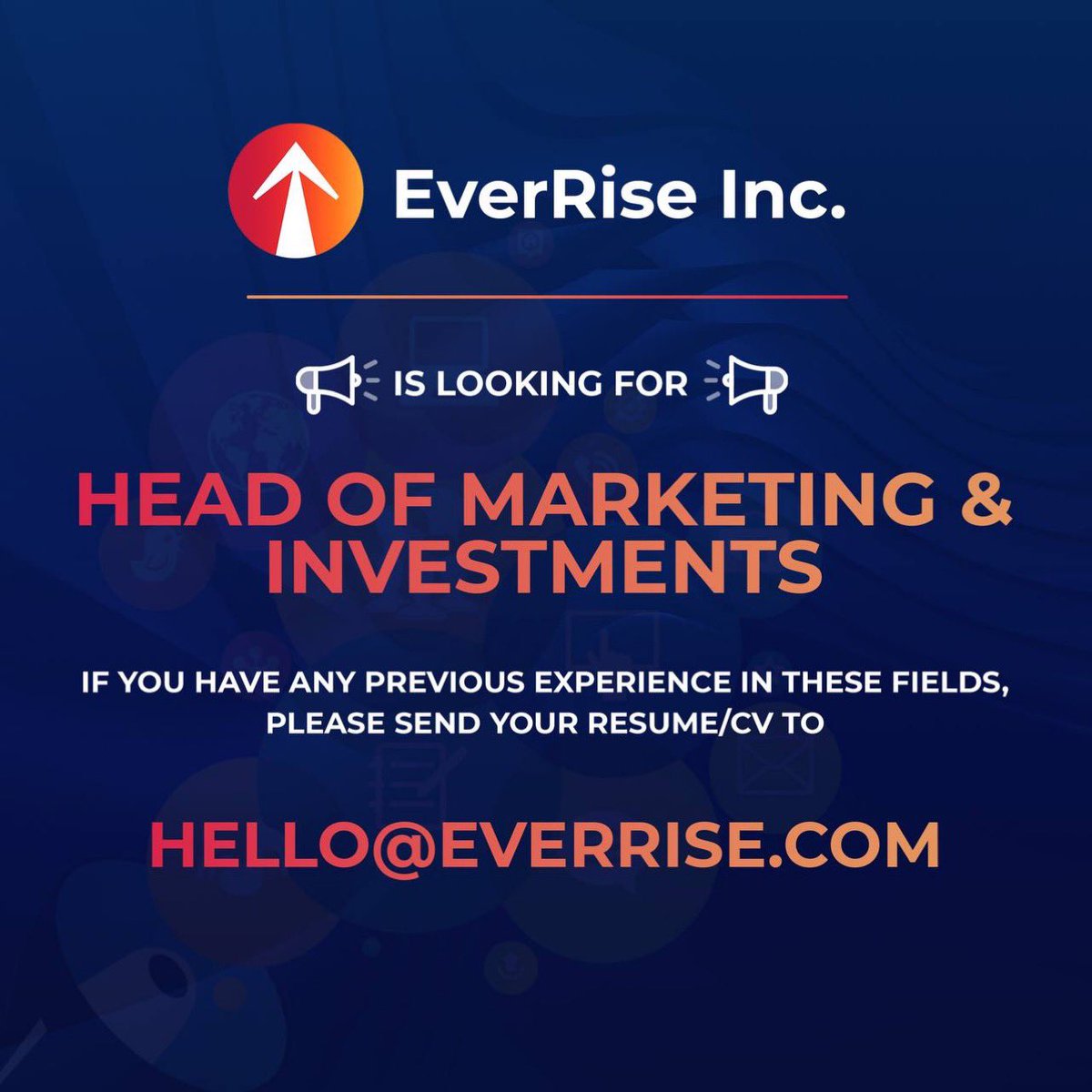 Do you have what it takes ?
@EverRise is looking for a New Head of Marketing.
Serious inquiries only pls.

#DefiNews #altcoin #Defi #Crypto #BSC #BSCGems #Polygon #ETH #AVAX    #Ethereum  #CoinMarketCap #tokens #jobs #marketing #Crypto_Marketing_Titans