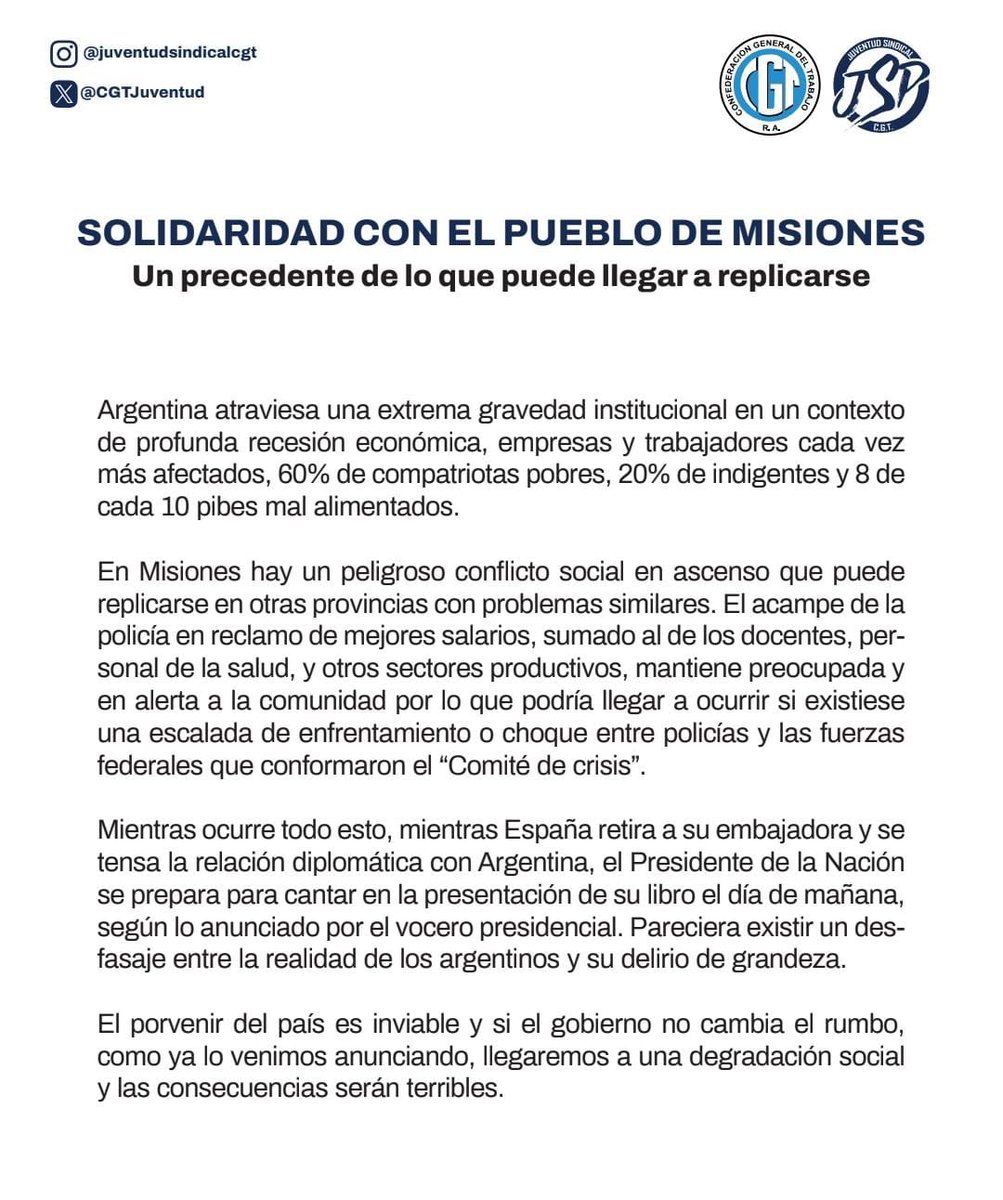 Nos solidarizamos con el pueblo de Misiones y reiteramos al Gobierno Nacional que cambie su rumbo económico o las consecuencias de sus decisiones serán violencia y caos sobre la sociedad argentina.