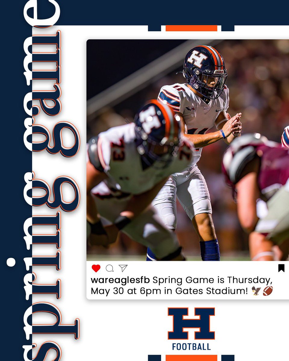 Spring Game 🔜. See you at 6pm, Thursday, May 30 in Gates Stadium! 🦅🏈 Admission - donation of one of the following items: - Laundry Detergent - Case of Water, Gatorade or Powerade Thank you for your continued support of Heritage Football. #OurStandard