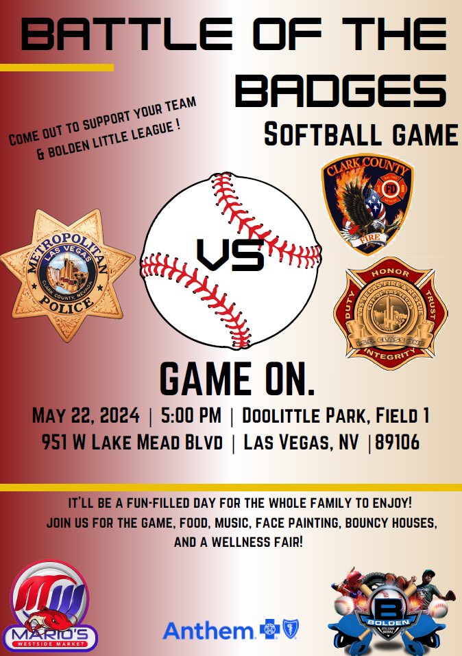 It’s a battle between the boys in blue👮‍♂️& the boys in red👨‍🚒 when @LVMPD, @LasVegasFD, & @ClarkCountyFD come together for the benefit of @BoldenBaseball & the children. Save the Date to join us for this epic showdown! Find out who’s the best in the west(side). Don’t miss it! ⚾️