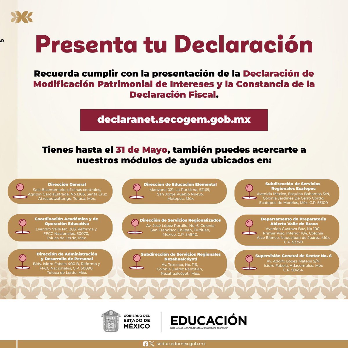 DAyDP_SEIEM's tweet photo. Al personal administrativo y docente de los Servicios Educativos del Estado de México, sujeto a presentar su Declaración de Modificación Patrimonial de Intereses y la Constancia de la Declaración Fiscal, estamos para apoyarles. https://t.co/QUHcjpJxyO