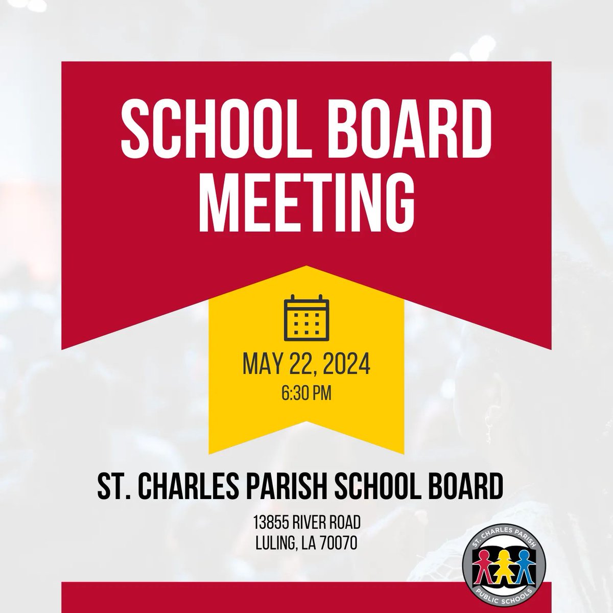 St. Charles Parish School Board Meeting 📅 Wednesday, May 22, 2024 🕠 6:30 p.m. 📍 13855 River Road, Luling, LA 70070 The agenda for the meeting is available at buff.ly/4dOjotP. #YouandI #ExpectExcellence