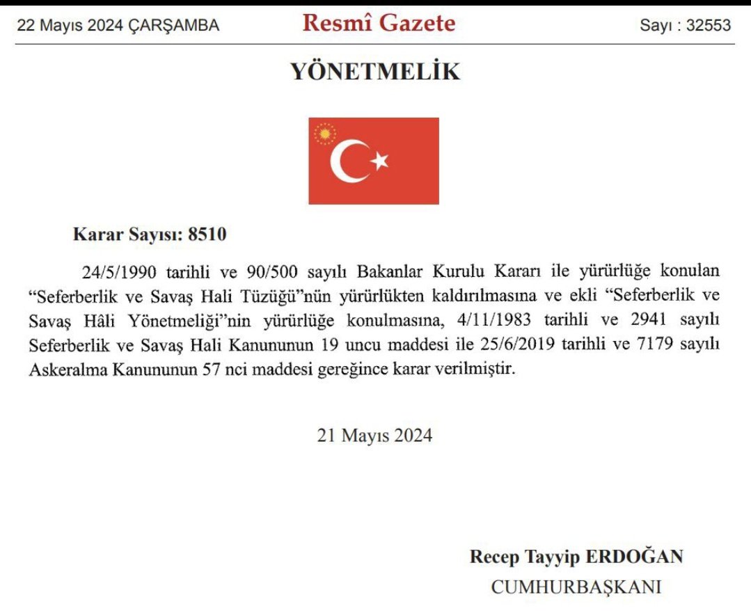 Tarihsel bir analiz yapıp,tarihi önemli bir soru soralım. 13.Nisan.2019 'da Pandemi Genelgesi yayınlandı. 11.Mart 2020'de, Pandemi öngörüsü gerçeğe dönüştü. 21.Mayıs.2024'te Seferberlik ve Savaş Hâli Yönetmeliğinin yayınlanması, neyi ve hangi tarihi işaret etmekte olabilir ?