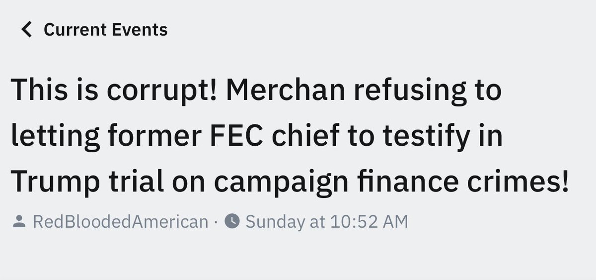 Merchan won’t allow former commissioner of the Federal Election Commission to testify in the NY v. Trump case. Why not ? In murder cases the defense and prosecution call forensic experts all the time to confirm or refute evidence. Why can’t Trumps team call experts ?

#WitchHunt