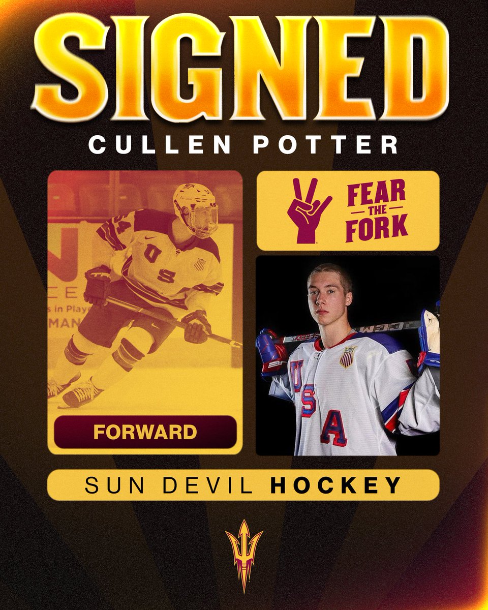 BIG TIME SIGNEE 😈 The US-NTDP U17 leading scorer and top prospect in the 2025 NHL Entry Draft is officially a Sun Devil. Get excited for Cullen Potter starting this Fall 🔱 #BeTheTradition