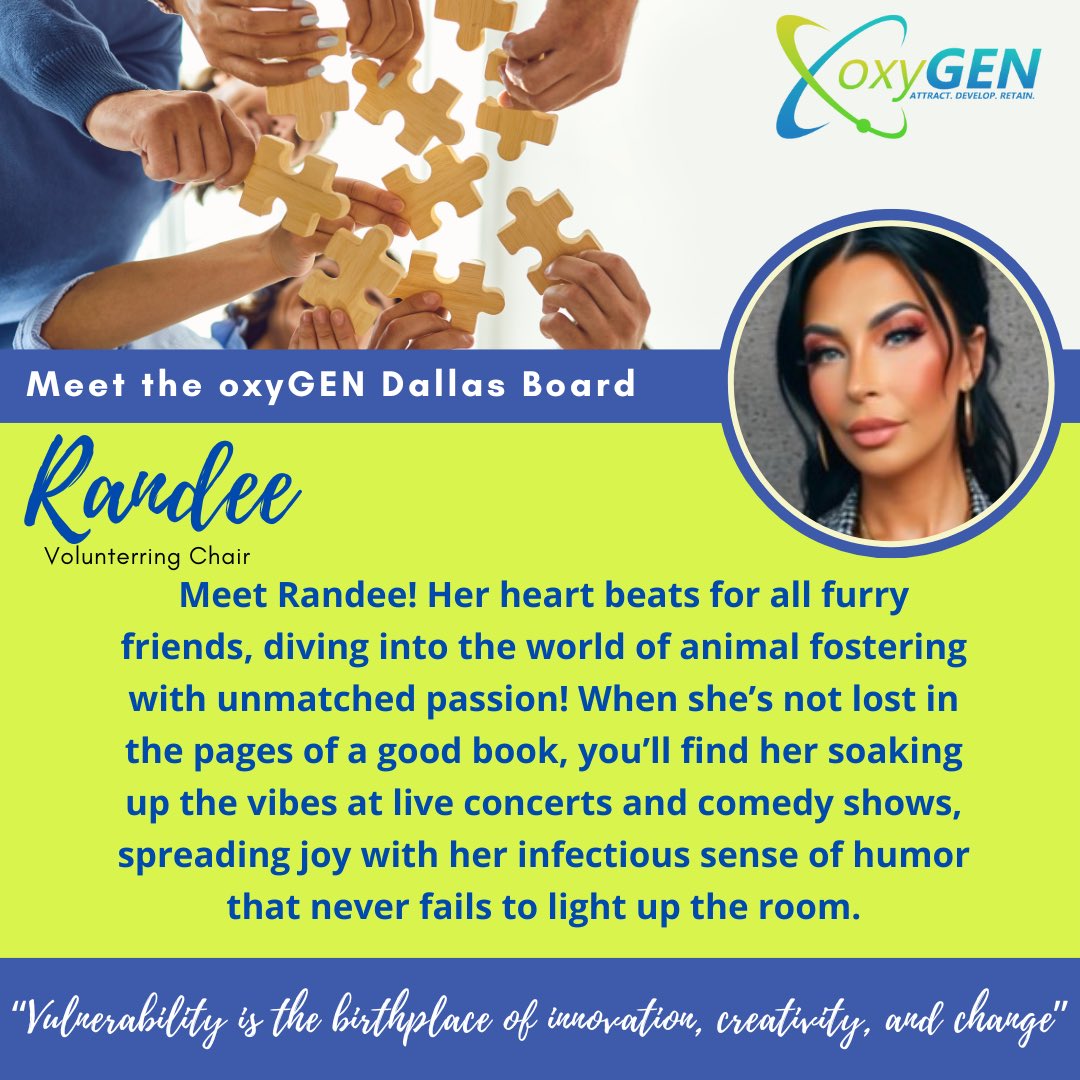It’s meet the board time! 🎉 Randee continues to drive everyone's passion for volunteering and comes up with innovative ways to get involved in the community.

#oxyGENDFW #oxyGEN