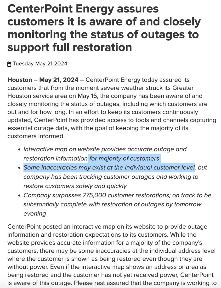 @clairehao_ Unclear what the point was of putting out what @CenterPoint itself admits is an inaccurate map My neighbors & I had to scramble last night to make sure CenterPoint was aware of our outage & w omissions, looks like Centerpoint is doing a better job than it is