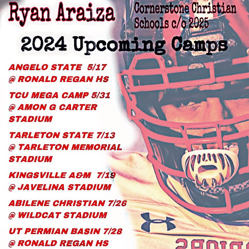 Ryan Araiza (@ryanaraiza) on Twitter photo Camp Season is here! Next stop TCU Letโs get to workโผ๏ธ
<a href="/CoachLFox/">Landon Fox</a> <a href="/Coach_RJG/">RJ Ghilarducci</a> <a href="/CoachmartinezOL/">Manny Martinez</a> <a href="/Coachsalinas12/">Michael Salinas</a> <a href="/CoachRyanPugh/">Ryan Pugh</a> <a href="/coachp_ACU/">Keith Patterson</a> <a href="/CoachK__Mac/">Kris McCullough</a> <a href="/HaydenCkelly/">Hayden Kelly</a> <a href="/Coach_Crayton/">Tommy Crayton</a> <a href="/coach9cg/">Clayton Guillory</a> <a href="/CornerstoneFB/">Cornerstone Warrior Football</a> <a href="/CCSRecruitingFB/">Cornerstone Football Recruiting</a> <a href="/_RL_Martin/">R.L. Martin</a> <a href="/2MGE_/">๐๐ ๐พ๐ฃ๐๐๐๐ฃ๐ ๐ ๐ผ๐ง๐๐๐ฆ๐๐ฅ๐๐ ๐๐ค</a> Camp Season is here! Next stop TCU Letโs get to workโผ๏ธ
<a href="/CoachLFox/">Landon Fox</a> <a href="/Coach_RJG/">RJ Ghilarducci</a> <a href="/CoachmartinezOL/">Manny Martinez</a> <a href="/Coachsalinas12/">Michael Salinas</a> <a href="/CoachRyanPugh/">Ryan Pugh</a> <a href="/coachp_ACU/">Keith Patterson</a> <a href="/CoachK__Mac/">Kris McCullough</a> <a href="/HaydenCkelly/">Hayden Kelly</a> <a href="/Coach_Crayton/">Tommy Crayton</a> <a href="/coach9cg/">Clayton Guillory</a> <a href="/CornerstoneFB/">Cornerstone Warrior Football</a> <a href="/CCSRecruitingFB/">Cornerstone Football Recruiting</a> <a href="/_RL_Martin/">R.L. Martin</a> <a href="/2MGE_/">๐๐ ๐พ๐ฃ๐๐๐๐ฃ๐ ๐ ๐ผ๐ง๐๐๐ฆ๐๐ฅ๐๐ ๐๐ค</a>