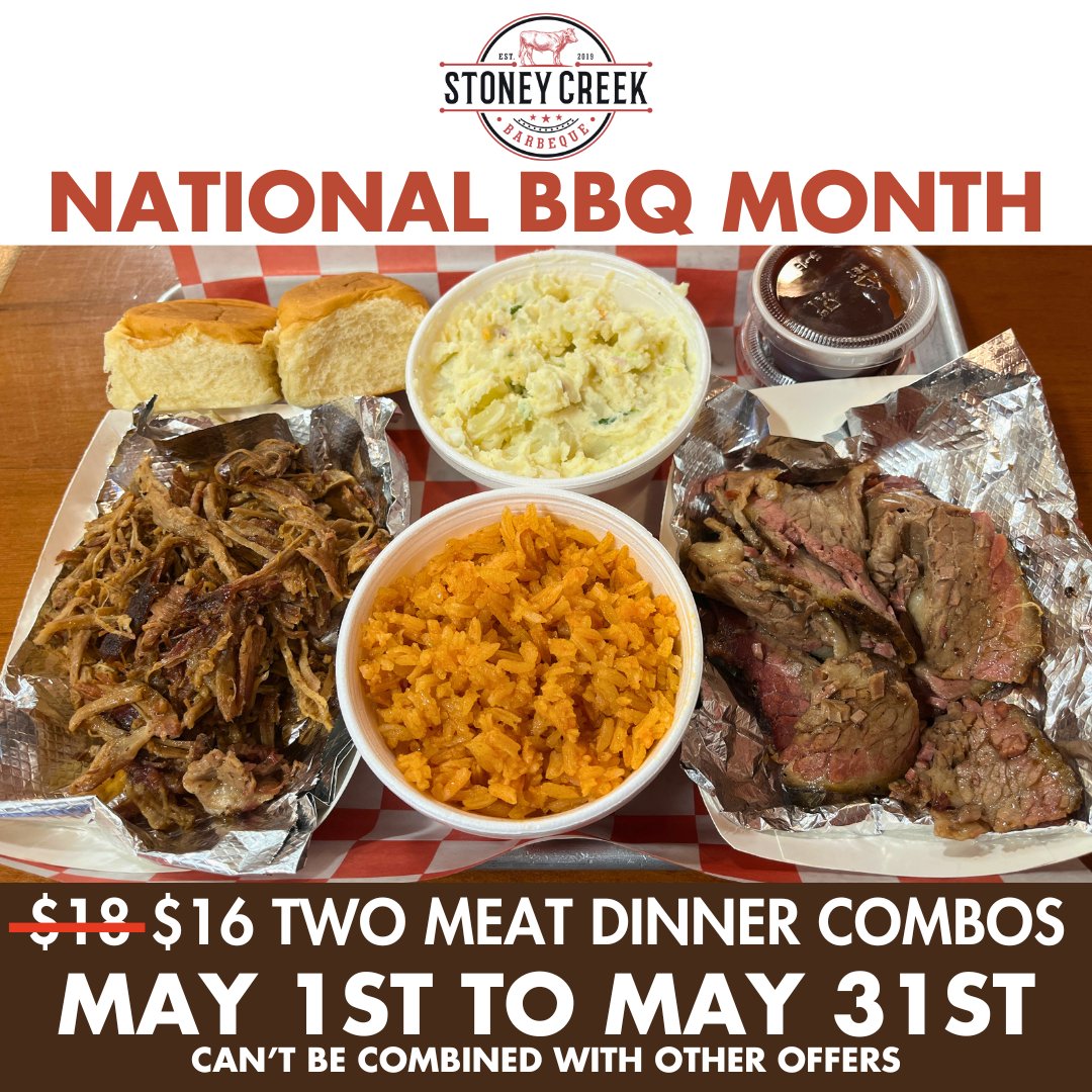 It's National BBQ Month! To celebrate, we're taking $2 OFF ALL of our 2 Meat Dinner Combos! Your choice of meat, bread, 2 sides & a drink for only $16!!! #StoneyCreekBBQ #Porterville #BBQ #NationalBBQMonth #DinnerCombo #TwoMeatDinnerCombo #LowAndSlow #WorthTheDrive