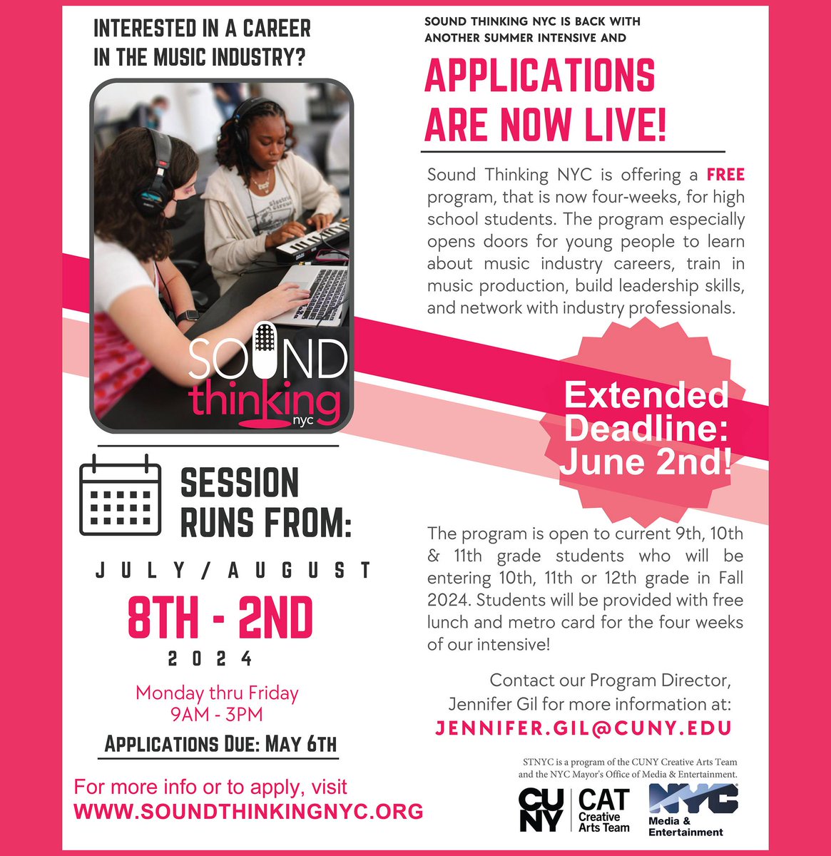 NYC High School Students - do you love music and making it? Want to know more about being a part of the music industry like your faves? @NYCSchools 🎶 Apply now for MOME's FREE Sound Thinking NYC 4-week summer session with @cunycat74: bit.ly/summer24app 👈