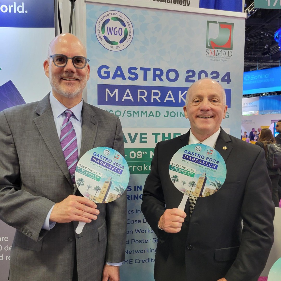 We were delighted to see Bradley Stillman (Executive Director, ACG) and Prof. Jonathan Leighton (President, ACG & Chair, WGO Scientific Programs Committee) at our #DDW2024 booth. Thanks for stopping by! @AmCollegeGastro