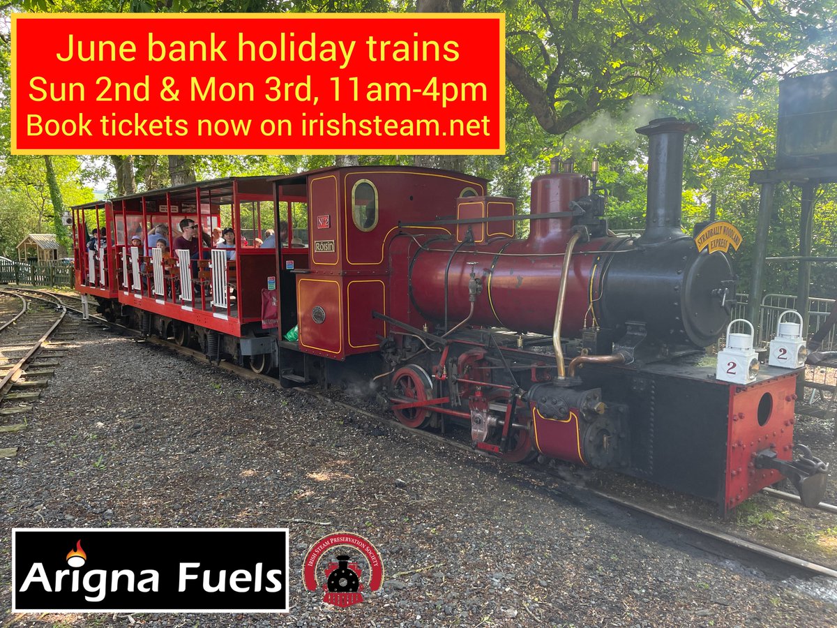 All aboard for June bank holiday trains on Sun 2nd & Mon 3rd🚂 Open 11am-4pm, powered by @ArignaFuels 🔥 Book your tickets online now at irishsteam.net/?page_id=144 🎟 Tickets can be bought until midnight the night before the selected date so don't delay!