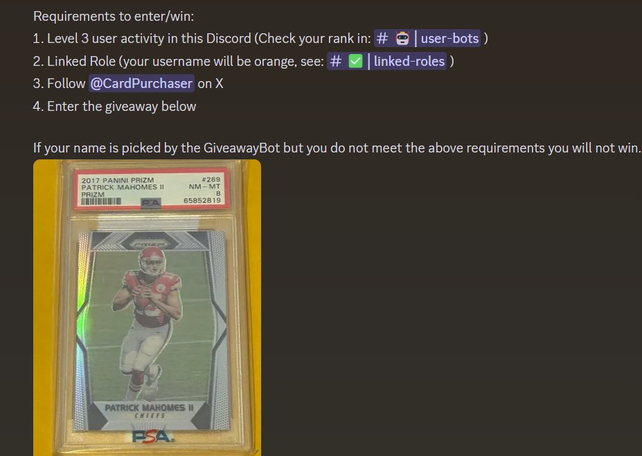 To have a chance to win this Mahomes Silver Prizm RC you must join my FREE discord, link a social media account to prove identity, and do a little bit of chatting or listing items for sale to reach Level 3! CardPurchaser FREE Discord Link: mee6.xyz/i/FyXtWnPpbY