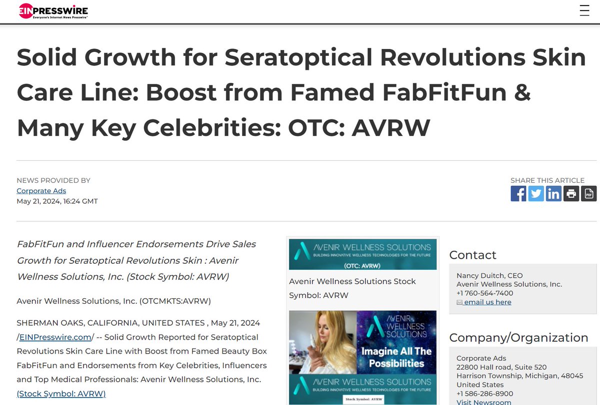 $AVRW @AvenirWellness / @SeralabsHealth Inc. Partnership with Nicole Kidman -@FabFitFun and Influencer Endorsements Drive Sales Growth for Seratoptical Revolutions Skin : Avenir Wellness Solutions (Stock Symbol: AVRW)
einpresswire.com/article/711238… #OTCQB @frontpagestocks @ZacSmithNEWS