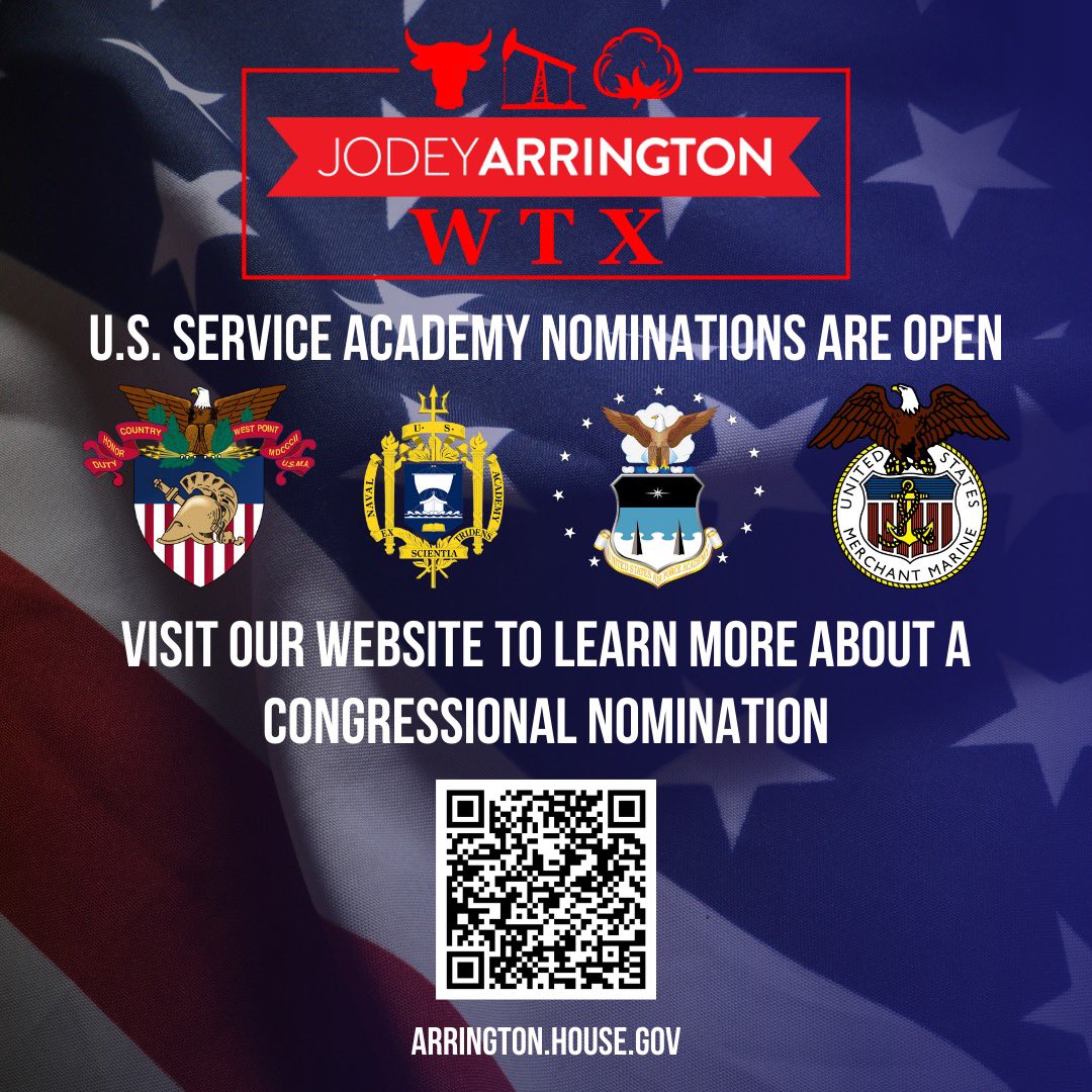 Are you or someone you know interested in attending a U.S. Service Academy? The deadline to apply for a Congressional Nomination is October 31st. Visit my website arrington.house.gov/services/milit… or contact our Lubbock or Abilene office at (806) 763-1611 and (325) 675-9779 for more