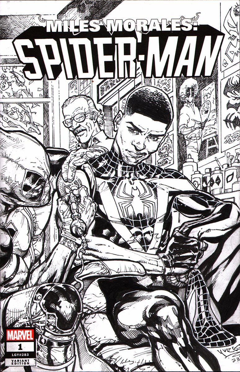 Guichety's tweet photo. If Stan the man endorses it, then... "THWIPP"!! 
Sketch cover commission with DeadPool vs Miles Morales https://t.co/ydRVyMzoEU