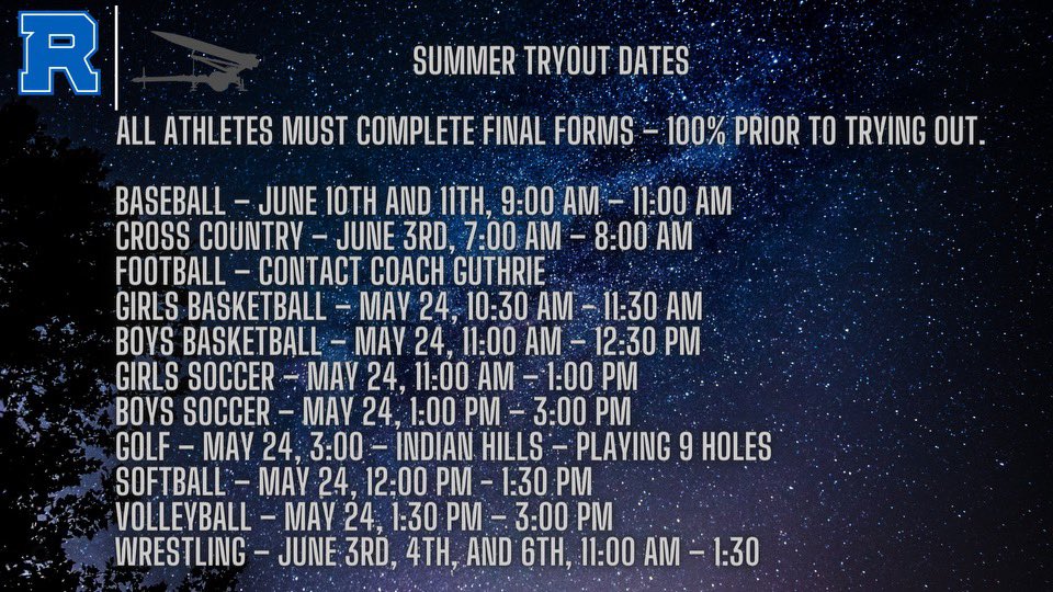 Summer tryout information! Check the individual sports’ websites for up to date information and changes.