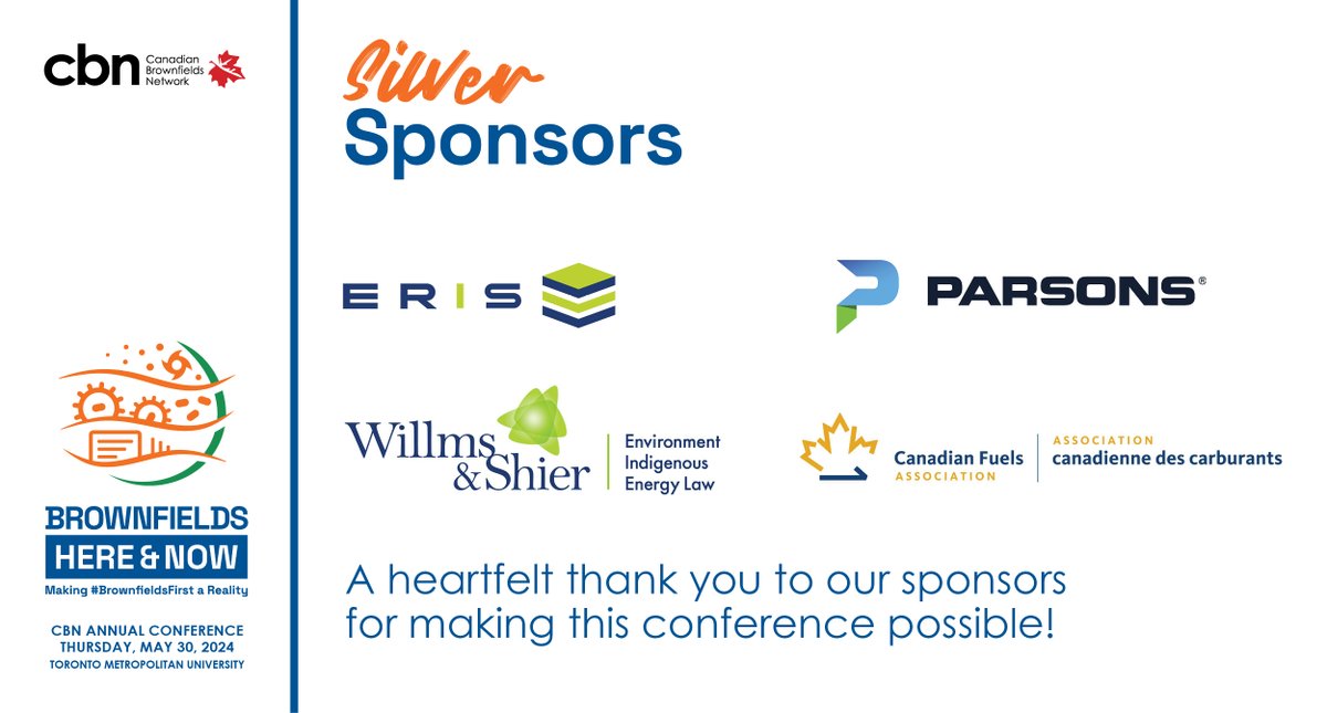 CdnBrownfields's tweet photo. Thank you to our Silver sponsors @ERISInformation,  Parsons, Willms &amp; Shier Environmental Lawyers LLP, and @CanadianFuels for the support! Our conference: "Brownfields Here &amp; Now: Making #BrownfieldsFirst a Reality" is almost here, register now at:  https://t.co/qx8aq964mC. https://t.co/vqU9Bzu75I