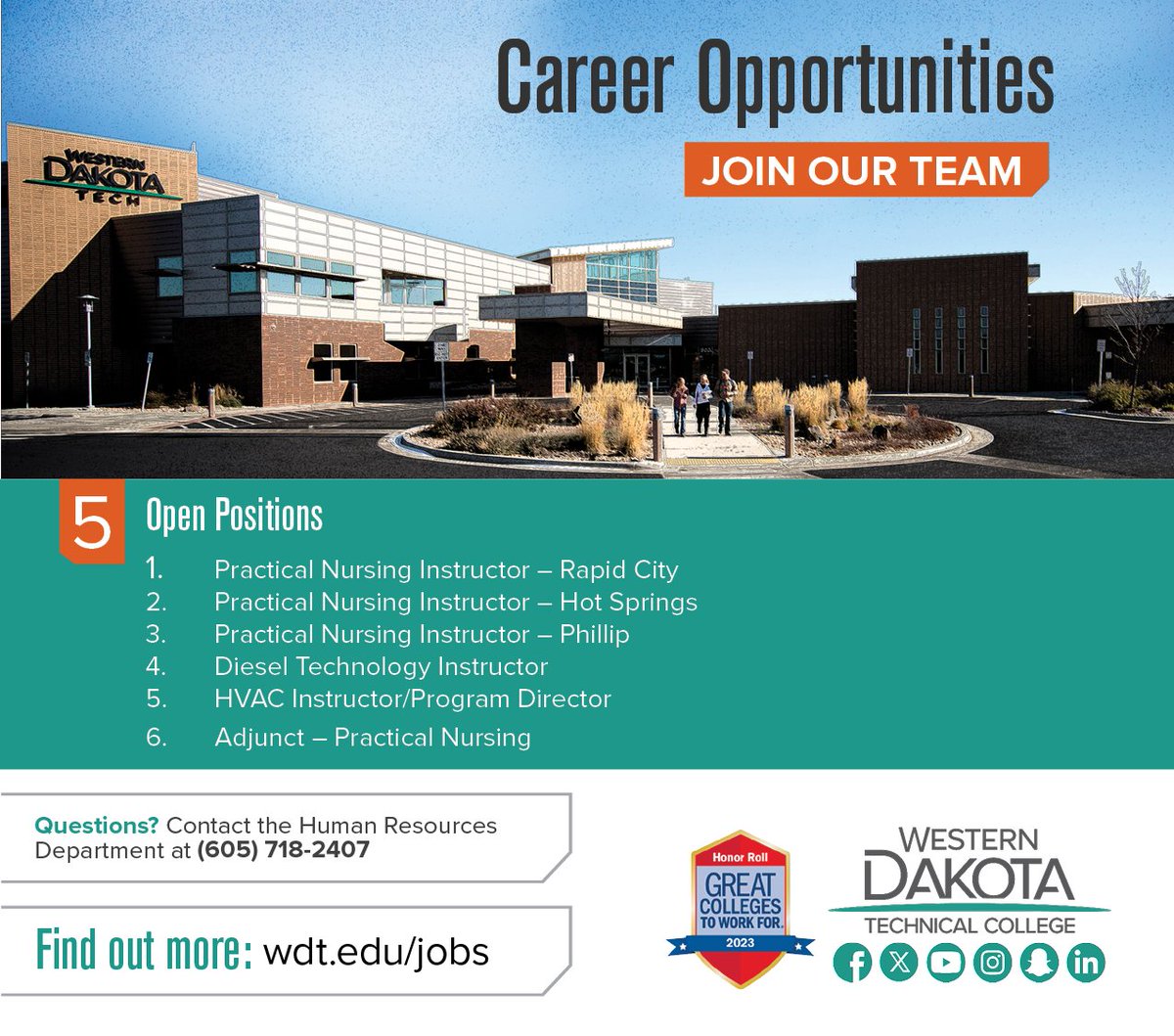 We have great career opportunities available now at Western Dakota Technical College! Apply today at governmentjobs.com/careers/wdt.