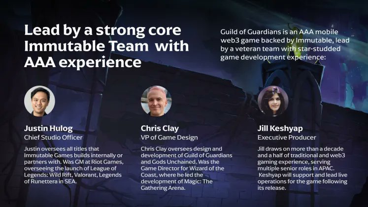 Ade.xyz (@adefola_) on Twitter photo 🔷 Meet the team
GOG is backed by the reputable <a href="/Immutable/">Immutable</a> team with adequate game development experience
Executive Producer : Jill Priya Keshyap
Chief Studio Officer : Justin Hulog ( <a href="/BathalaX/">G. Justin Hulog</a> )
VP of Game Design : Chris Clay ( <a href="/ChrisClayPlays/">ChrisClay🅧🇦🇺</a> ) 🔷 Meet the team
GOG is backed by the reputable <a href="/Immutable/">Immutable</a> team with adequate game development experience
Executive Producer : Jill Priya Keshyap
Chief Studio Officer : Justin Hulog ( <a href="/BathalaX/">G. Justin Hulog</a> )
VP of Game Design : Chris Clay ( <a href="/ChrisClayPlays/">ChrisClay🅧🇦🇺</a> )