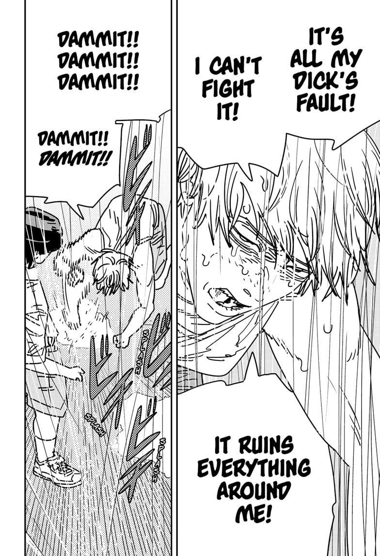 #csm166 This is the DEFINITIVE character development Fujimoto has been waiting to Denji all this time! Denji knows his horniness IS the problem and desperately seeks a cure but wrongfully thinks scratching that itch would save him. Only Asa's loyalty & trust can save him