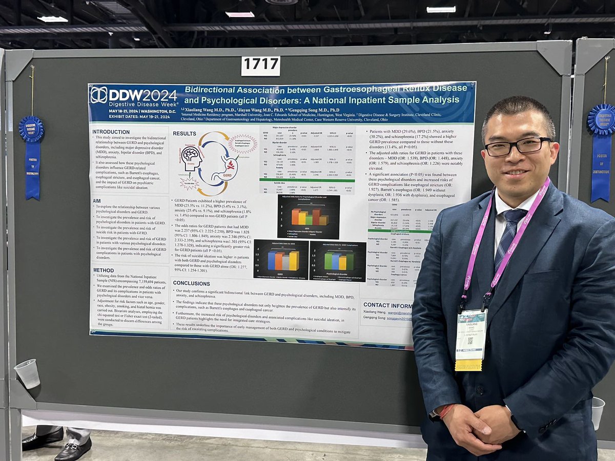 🌟 Huge congratulations to Dr. Jacqueline Khalil and Dr. Xiaoliang Wang for winning the Poster of Distinction at #DDW2024! 🏆 Our research on GERD and psychological disorders, as well as female hormone and colon motility, is making waves. So proud of your achievements!