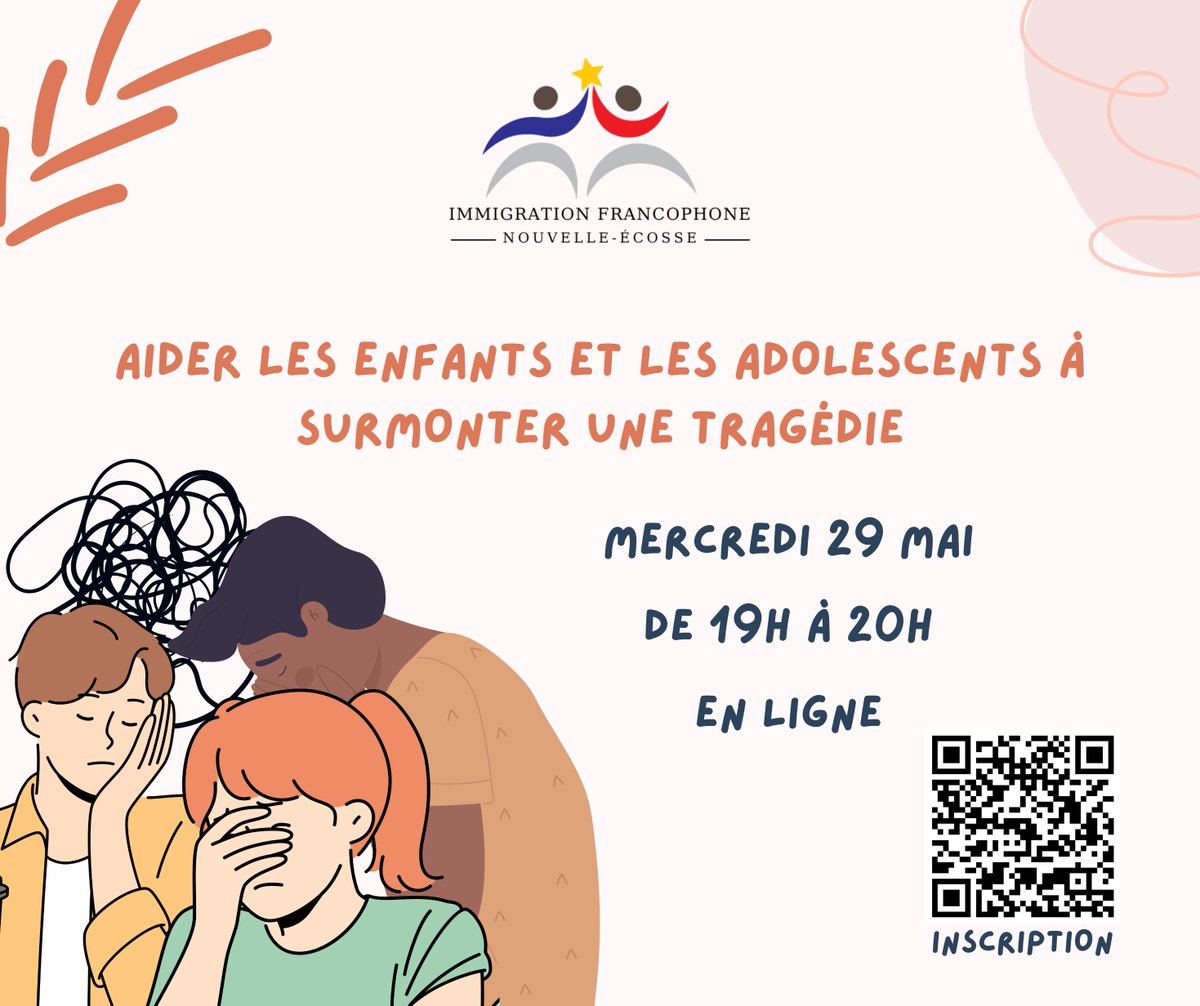 IFNÉ vous invite à une conférence virtuelle intitulée  «AIDER LES ENFANTS ET LES ADOLESCENTS À SURMONTER UNE TRAGÉDIE». Le mercredi 29 mai 2024, de 19h00 à 20h00
Inscription :  forms.gle/WUJzLBNxKL68FU…

#IFNÉ #immFr #nouvelleécosse #halifax