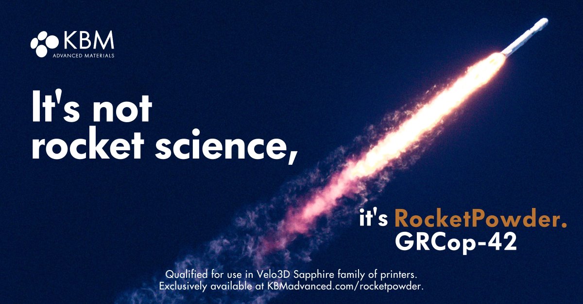 RocketPowder GRCop-42 is KBM’s first in-house powder offering and has also been qualified for use on Velo3D’s Sapphire family of printers!

You can now purchase our GRCop-42 online, shipping in under 48 hours.

kbmadvanced.com/rocketpowder
#metalpowder #grcop42 #additivemanufacturing