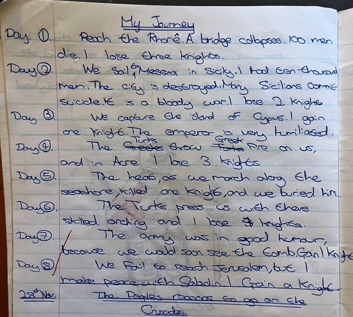 People often ask me why I became a medievalist. I never have a satisfactory answer. But I’ve just found my 1986 medieval history exercise book, in which an 11-year-old me described an imaginary “Maintown” c. 1300 and a failed crusade which culminated in making peace with Saladin.