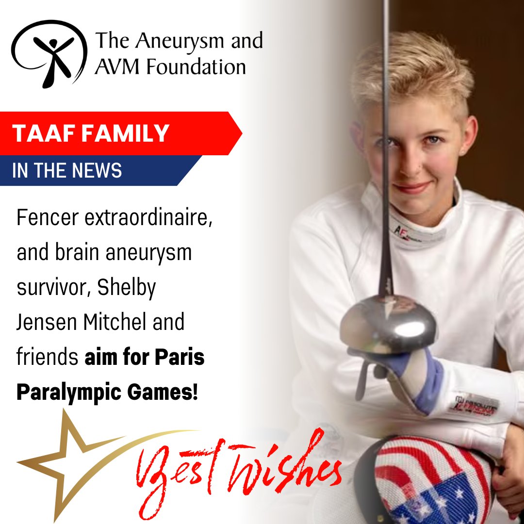 TAAF fam, fencer extraordinaire, and #brainaneurysm survivor, Shelby Jensen Mitchel, is aiming for the Paris Paralympic Games! More on her path to #Paralympics2024   bit.ly/4aDj1Qk, then share Shelby's inspiring message in our PSA at linktr.ee/TAAF15