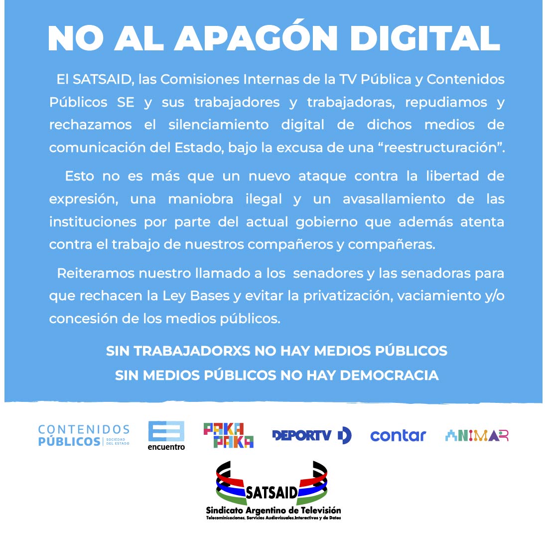 ❌NO al apagón digital de los #mediospublicos
@ci_tvpublica @SATSAIDnacional

#DefendamosLosMediosPúblicos 
#NoALasPrivatizaciones 
#AbajoLaLeyBases