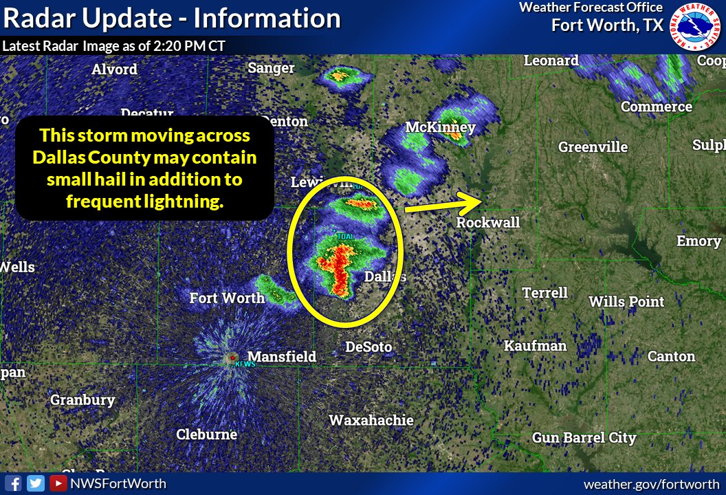 Radar update 5/21 @ 2:15pm. This storm over Dallas County may contain small hail in addition to the heavy downpour and lightning. It will continue to move east/northeast. #dfwwx