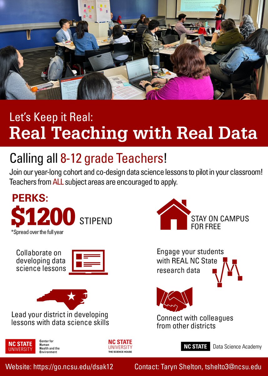 🌟 Calling all 8-12 grade educators! 🌟 Transform your classroom into a hub of authentic data science exploration with our yearlong cohort program! Visit: datascienceacademy.ncsu.edu/programs/k-12-… @ncpublicschools @FridayInstitute @TheScienceHouse @NCSSM @dsforeveryone