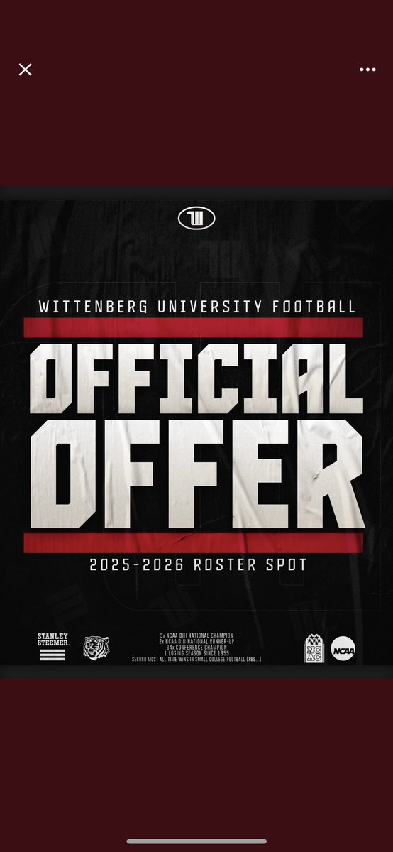 After a great visit I’m blessed to say I’ve received my first offer from Wittenberg. Thank you <a href="/cdavie51/">Clay Davie</a> <a href="/WittFootball/">Wittenberg Football</a>.