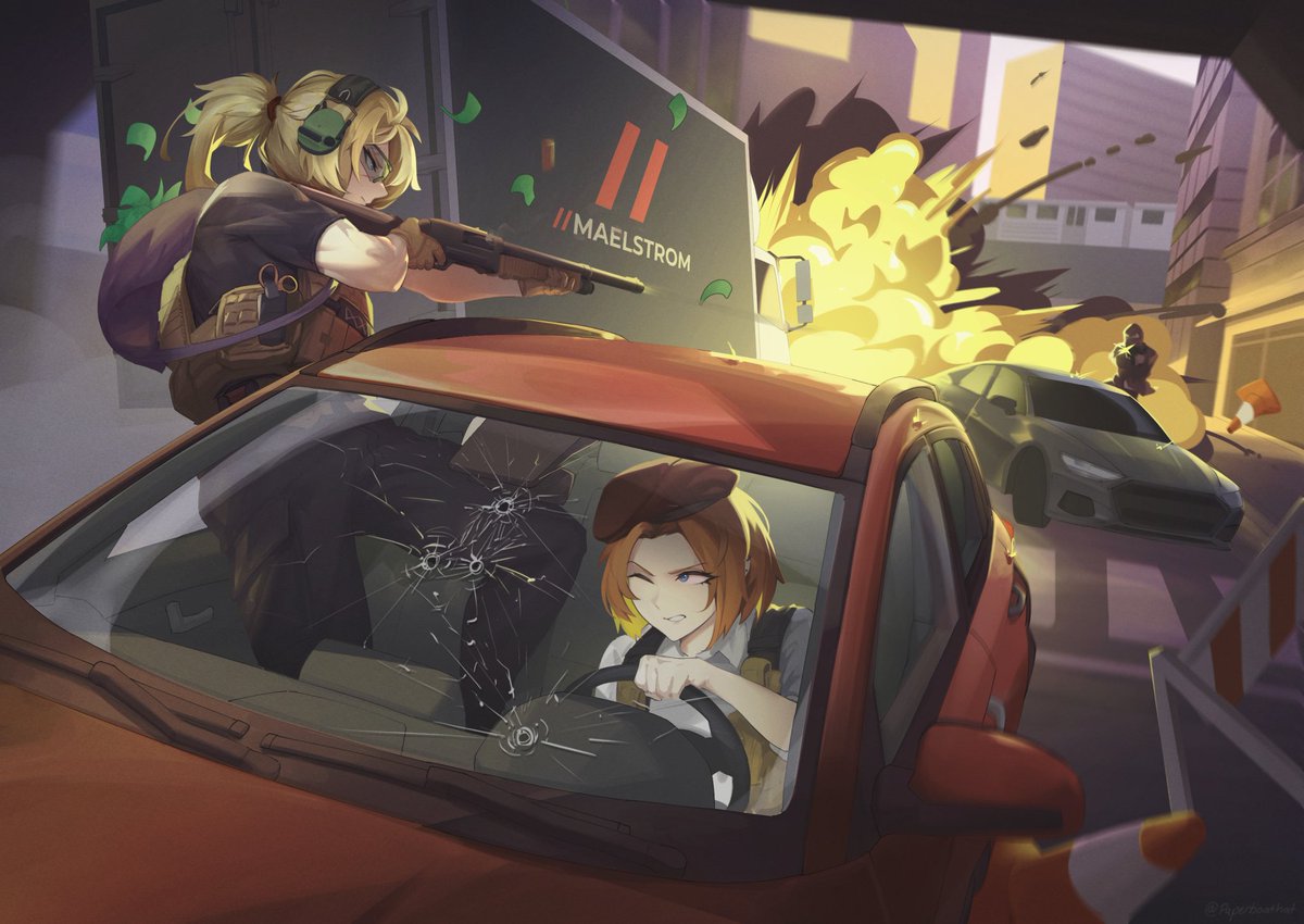 Ida &amp; Gii in a chaotic getaway, commissioned by <a href="/Golgotha_13/">Golgo</a> 🚗💥