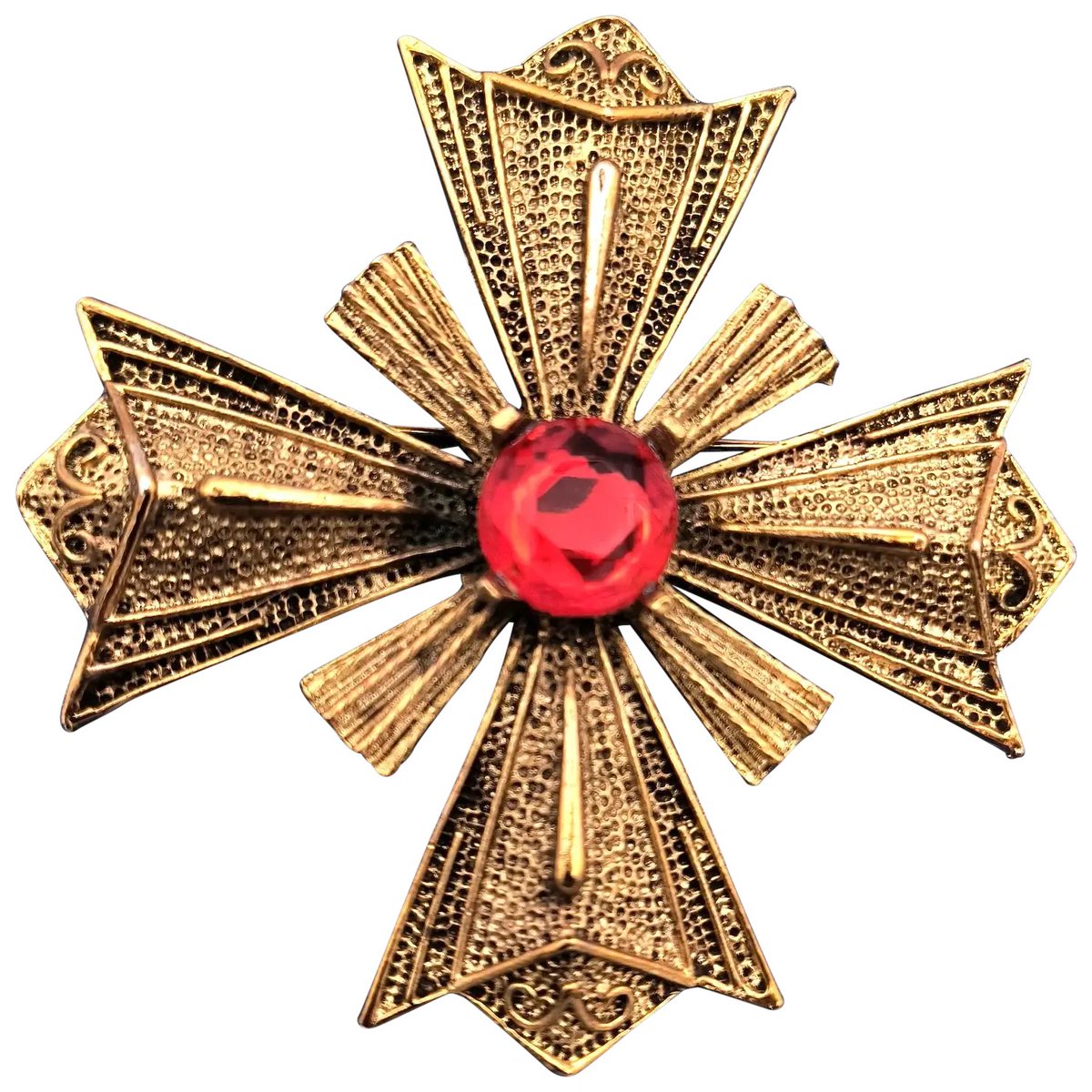 Large Dimensional Hattie Carnegie Textured Goldtone Metal Maltese Cross Red Rhinestone Brooch #rubylane #vintage #retro #designer #hautecouture #brooch #vintagejewelry #giftideas #jewelryaddict #vintagebeginshere #fashionista #diva rubylane.com/item/136230-E1…