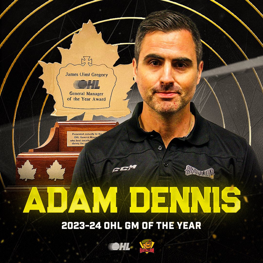 Adam Dennis is the winner of the Jim Gregory Award as the 2023-24 <a href="/OHLHockey/">Ontario Hockey League</a> General Manager of the Year 👏🏆