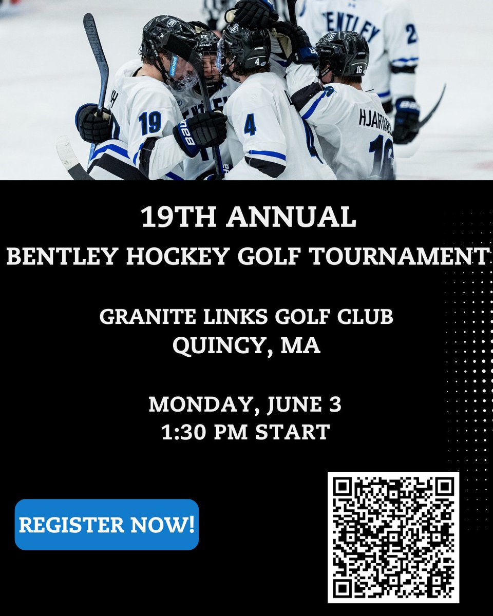 The 19th annual Bentley Hockey Golf Tournament is less than 2 weeks away! Bentley alumni and friends of alumni are welcome to register as an individual or as a foursome Scan the QR code or visit the link below shorturl.at/6rPn3