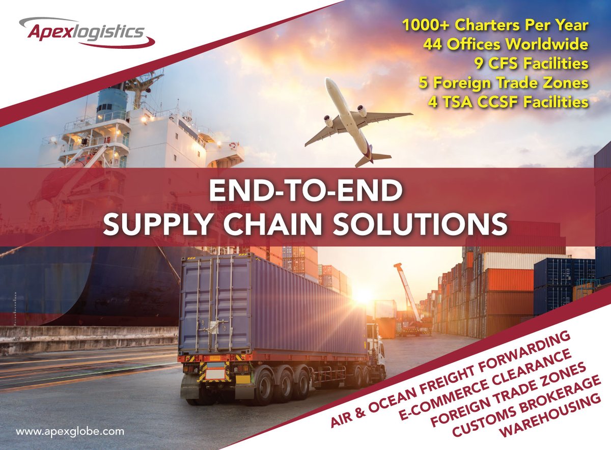 Apex provides end-to-end #SupplyChainSolutions: air and ocean #FreightForwarding, #eCommerce clearance, customs brokerage, and #warehousing. With 1,000+ charters annually and 44 offices worldwide, we're globally connected and ready to deliver. 🌍✈️🚢