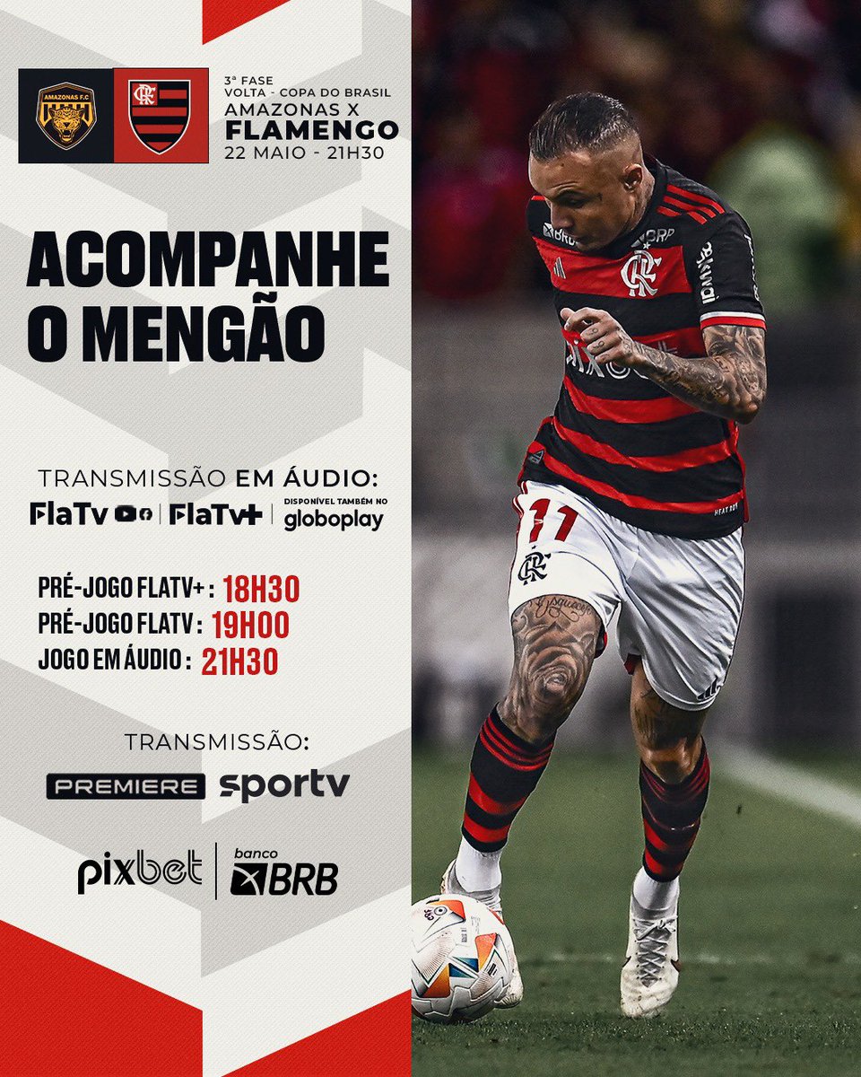 É amanhã, Nação! O MENGÃO enfrenta o Amazonas, fora de casa, às 21h30 (horário de Brasília), no jogo de volta da Terceira Fase da Copa do Brasil! Acompanhe a transmissão em áudio da FlaTV e da FlaTV+! O pré-jogo (com imagens) começa às 18h30 na FlaTV+! Apresentação: Marina