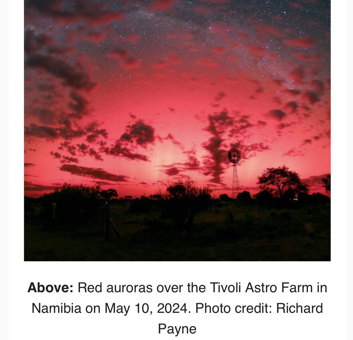 AURORAS IN AFRICA: its a Great Storm when auroras appear in Africa. Over the past week, we have received unprecedented images of red lights filling the skies of Namibia, coastal South Africa and Mauritius during the May 10th geomagnetic storm.Full story @ Spaceweather.com