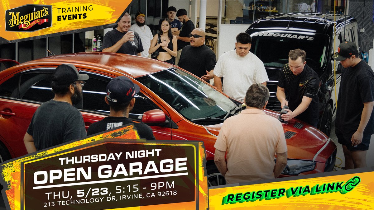 Meguiars's tweet photo. If you're in Southern California, come join us this Thursday, 5/23 as we have open garage! Register by the link below!
https://t.co/GX63JELqSl
#meguiars #opengarage https://t.co/xoY8GbTdbK