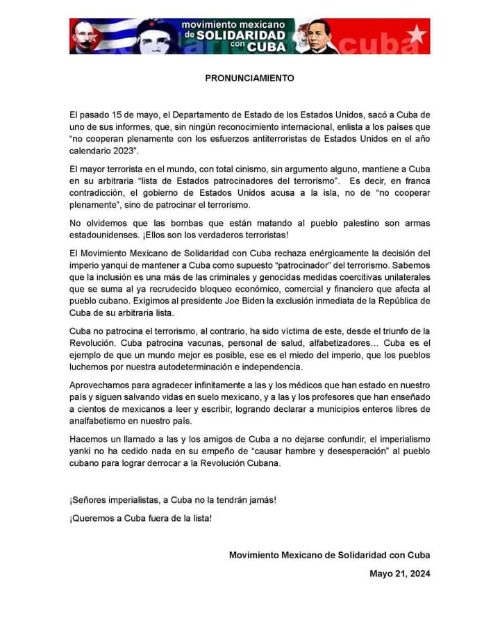 Mensaje del <a href="/_mmsc/">Mov. Mexicano de Solidaridad con Cuba 🇲🇽🇨🇺</a> en rechazo a la decisión de EEUU de mantener a Cuba como supuesto "patrocinador" del terrorismo.

#CubaNoEstáSola