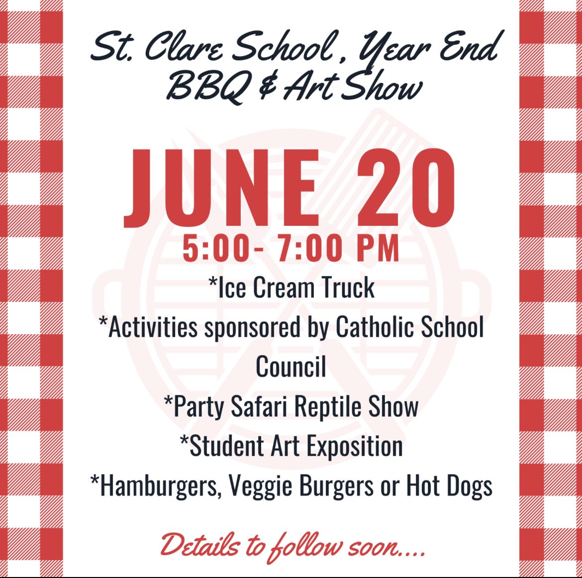 #CourageousCougars community! Save the date for our year end BBQ and Art Show! #WeAreCalledToLove 🍔🖼️🍦