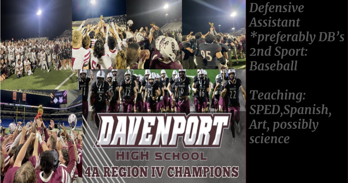 Who’s interested in Coaching the defending Region IV Champs?!?!? Looking for a secondary coach, but will hire best fit! Returning 3 starters in the secondary. ⁦<a href="/DHSWolvesFB/">Davenport Football</a>⁩ ⁦<a href="/jdzimmerhanzel/">JD Zimmerhanzel</a>⁩ #BTP